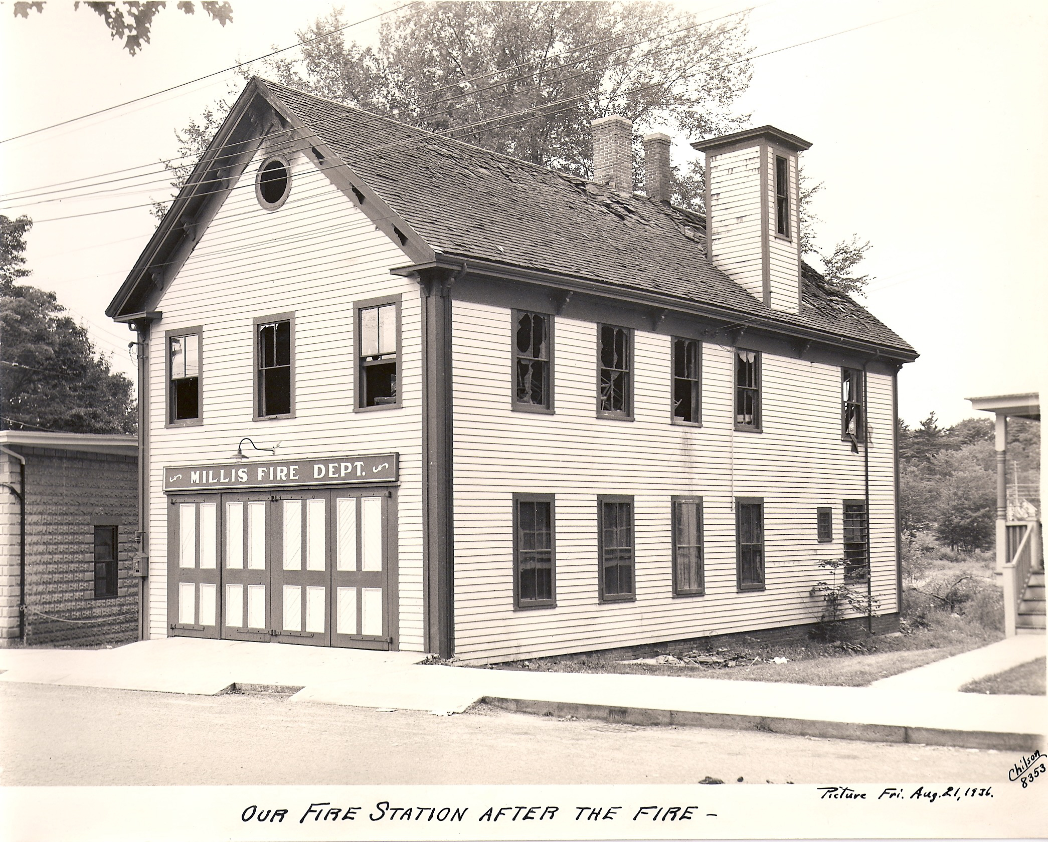 Shown is Millis’ Niagara Hall in 1936, following a fire, in a photo taken by Mr. Chilson. The building at that time housed fire and police, including a jail (see bars in right photo.) Niagara Hall has been restored over the last 20 years and will celebrate a grand re-opening on May 25th, at noon.
