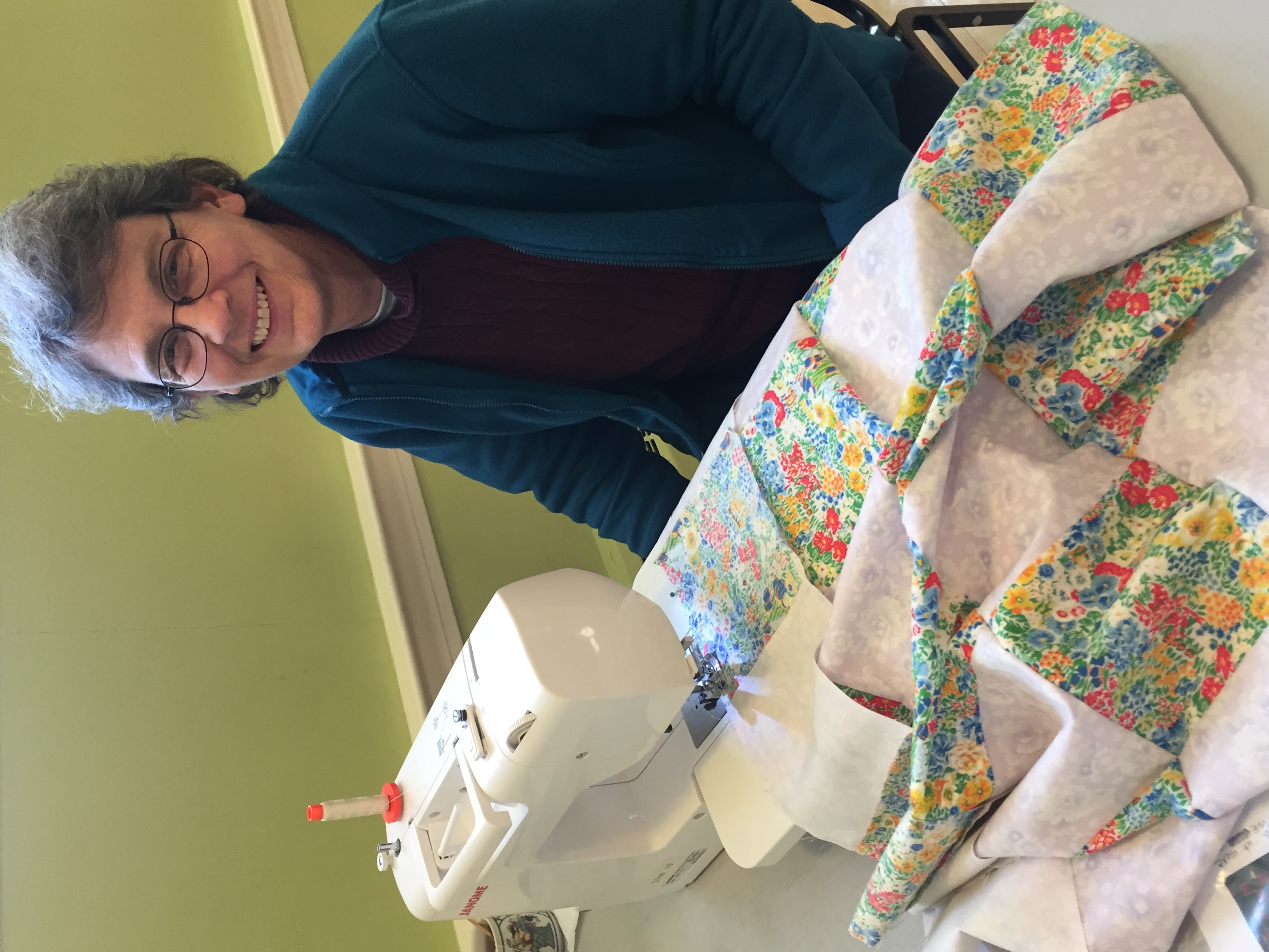 Dorothy Nail of Ashland sews two “35-patch” quilt tops as part of a community service project to benefit cancer patients.