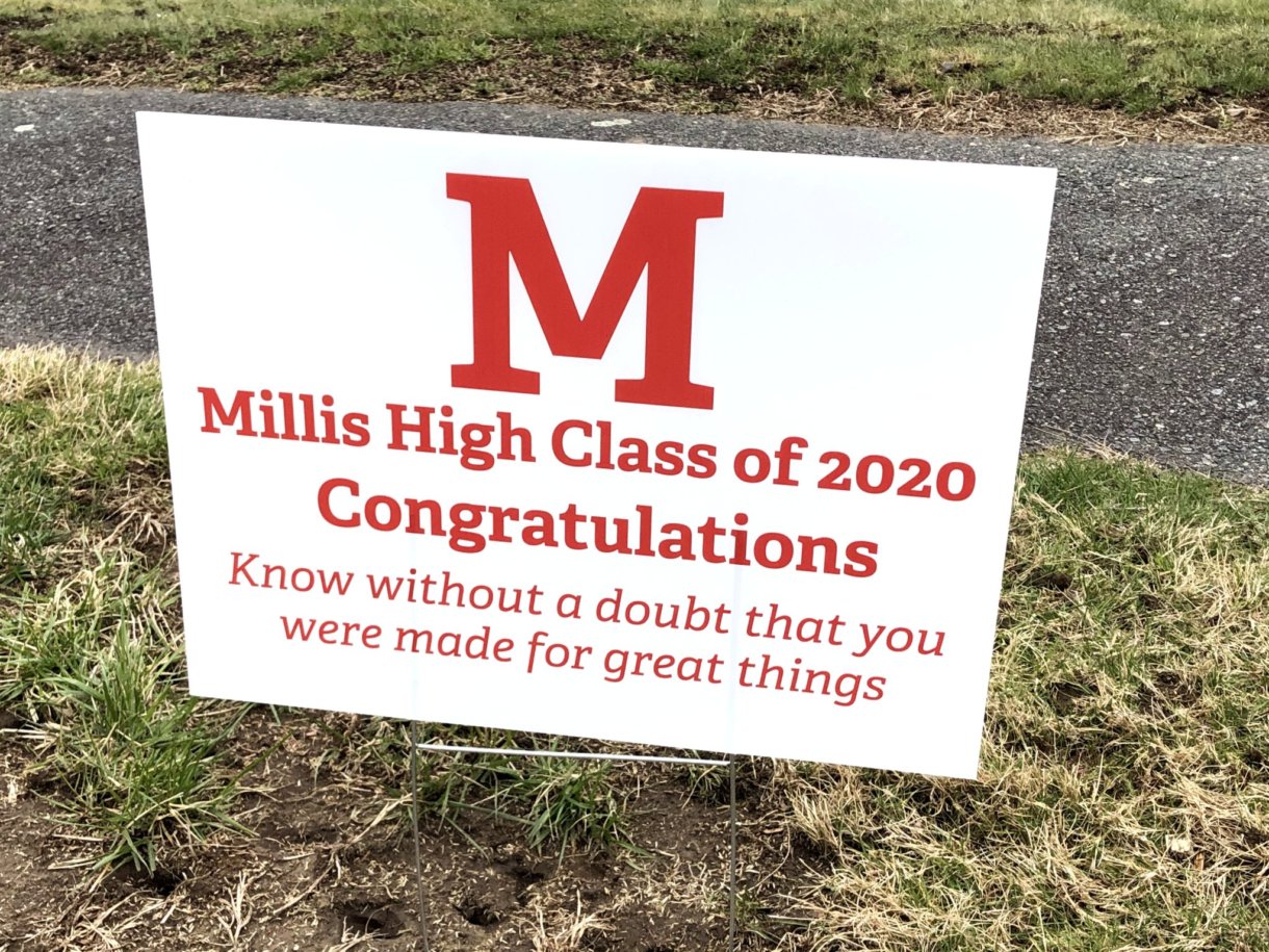 Millis High School seniors received a surprise of a lawn sign in their honor on April 22. Photos courtesy of Tammy Coutts