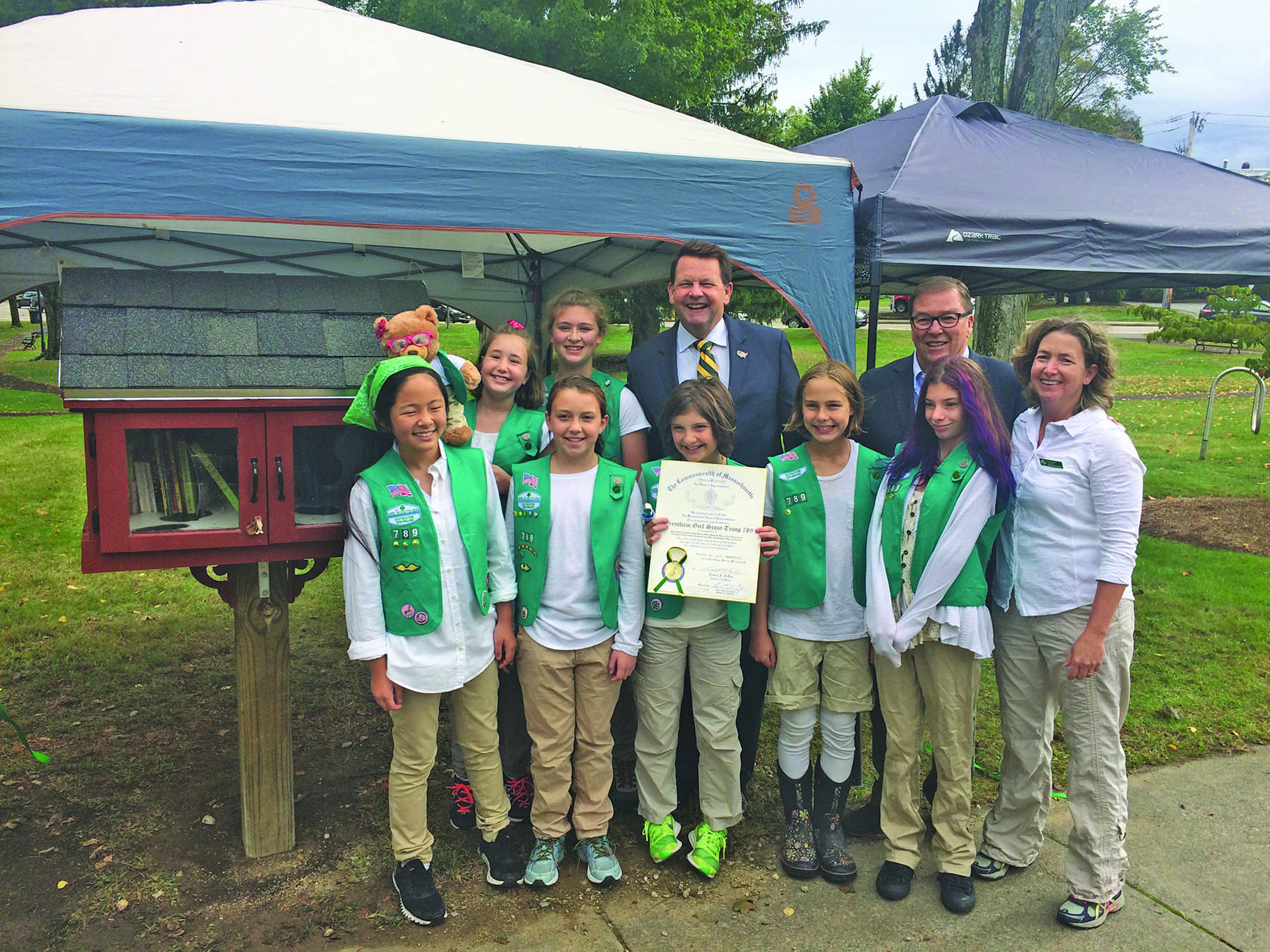 Back Row: (l to r) Skyler Barry, Callie Schweitzer, State Representative Shawn Dooley, and State Senator Richard Ross. Front Row: (l to r) Anna-Li Quinn, Molly McDermott, Katarina Johnson, Ella Brown, Vera Tyo and Troop Leader Tricia Barry. (Not pictured: Brenny Keefe)